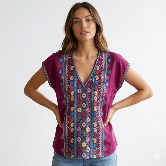 Johnny Was Tops - Johnny Was Linen Embroidered Blouse size extra small